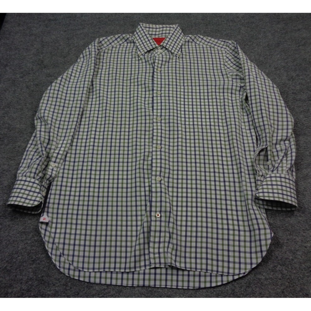 Isaia Napoli Shirt Mens 15.5 39 Blue Green Button Down Long Sleeve Plaid